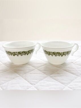 White Ceramic Cups with Olive Green Floral Band - Set of 2Vintage Corelle Spring